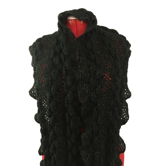 Ruffle Edge Black Soft Silver Metallic Thread Cable Knit Infinity Loop Scarf - Picture 2 of 10